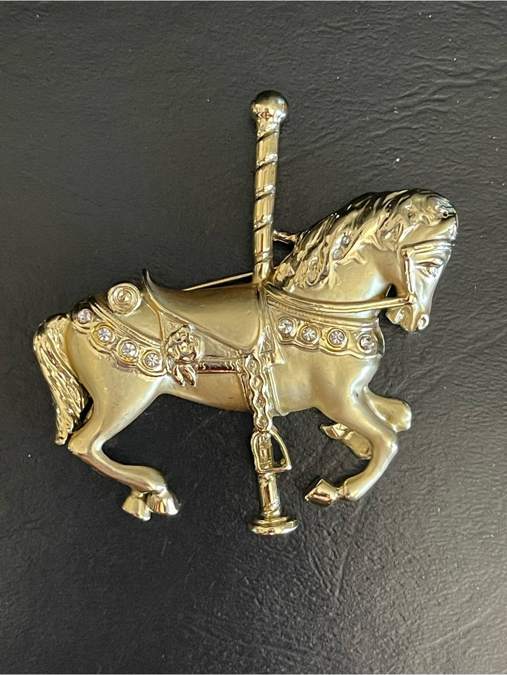 Gold Carousel Horse Brooch with Rhinestones